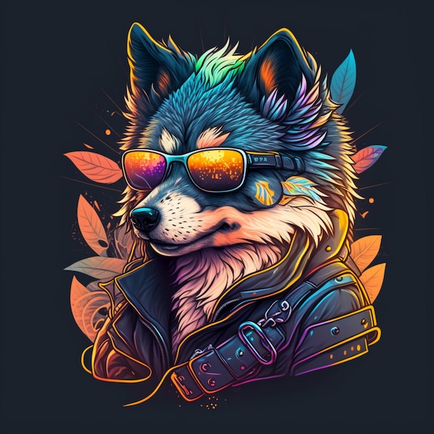 illustration of a adorable wolf wearing sunglasses