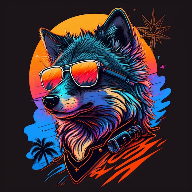illustration of a adorable wolf wearing sunglasses