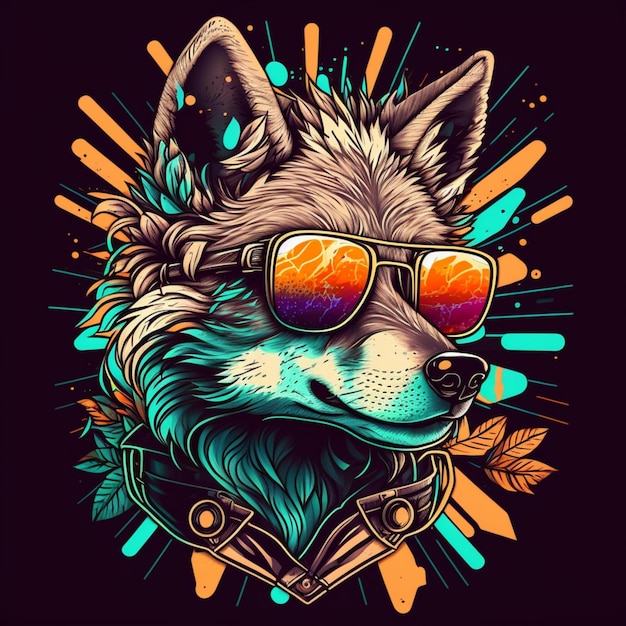 illustration of a adorable wolf wearing sunglasses