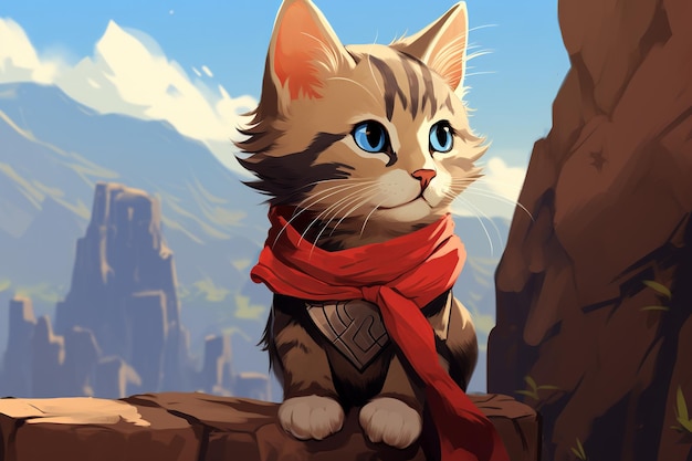 illustration of adventure kitten wearing a bandana peering over