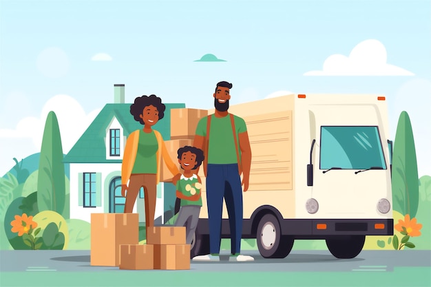 Photo illustration of an african american family moving house next to some boxes and a moving truck