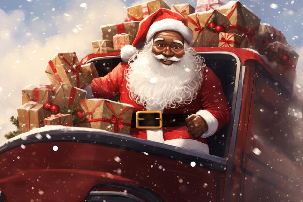 Illustration of African American Santa on Christmas Eve driving a Christmas truck filled with gifts