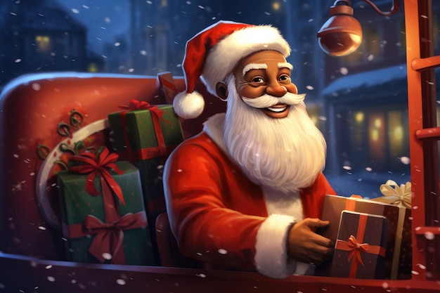 Illustration of African American Santa on Christmas Eve driving a Christmas truck filled with gifts