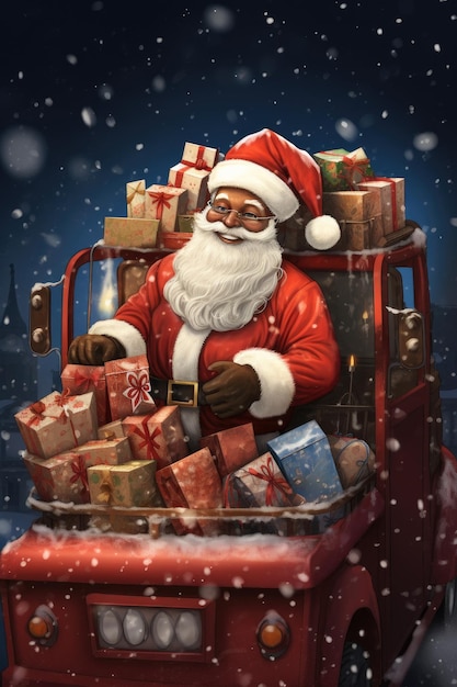 Illustration of African American Santa on Christmas Eve driving a Christmas truck filled with gifts