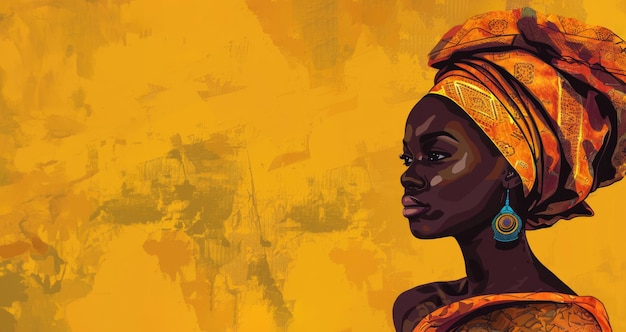 Illustration of an African American woman in traditional clothes on a yellow grunge background