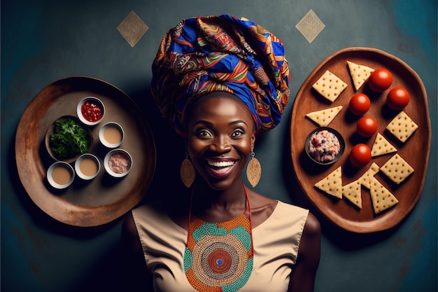 illustration of an African cook surrounded by cooked dishes