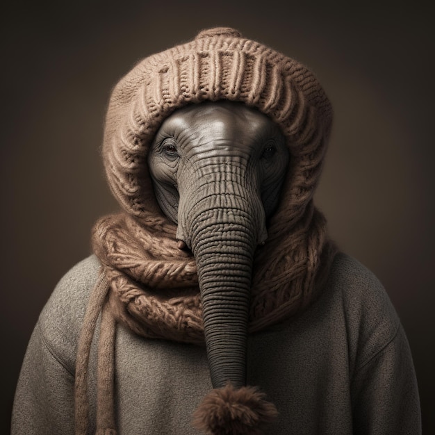 illustration of a african elephant with a knitted cap , Generative ai