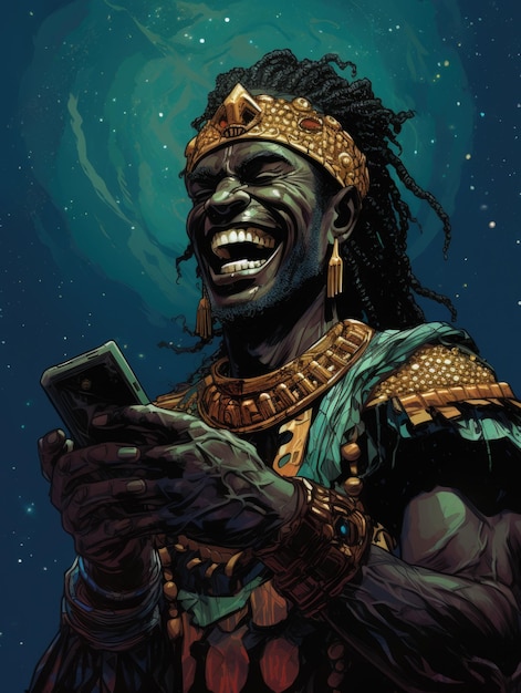 Illustration of an african warrior holding a smartphone