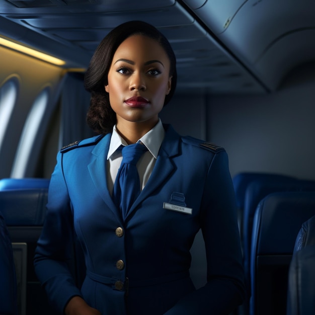 Illustration AI generation African American female flight attendant in a blue uniform