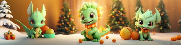 Illustration AI generation Banner with cute green dragons 3D