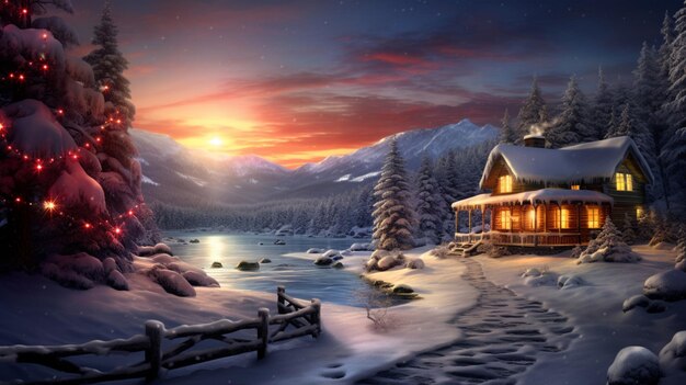 Illustration AI generation A Christmas cottage decorated for the holiday