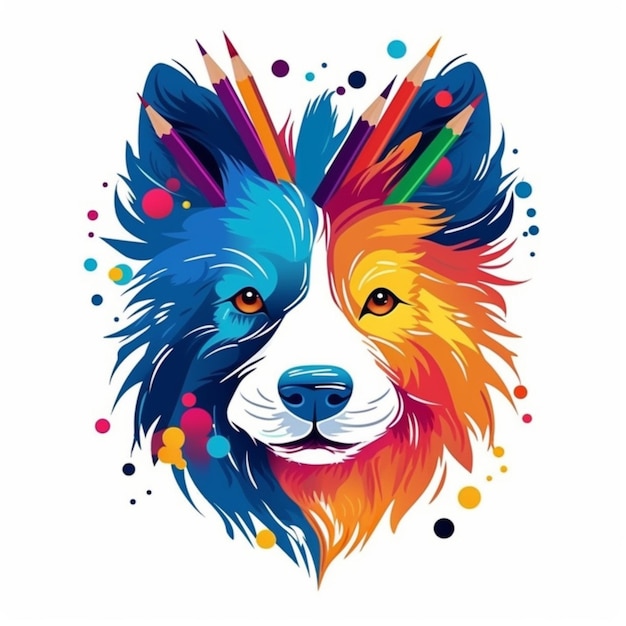 Illustration AI generation Colorful dog face and colored pencils Logo icon on a white background