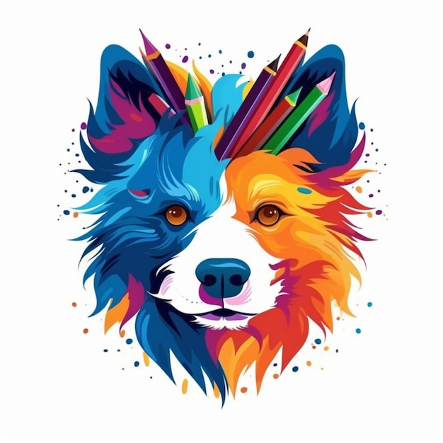 Illustration AI generation Colorful dog face and colored pencils