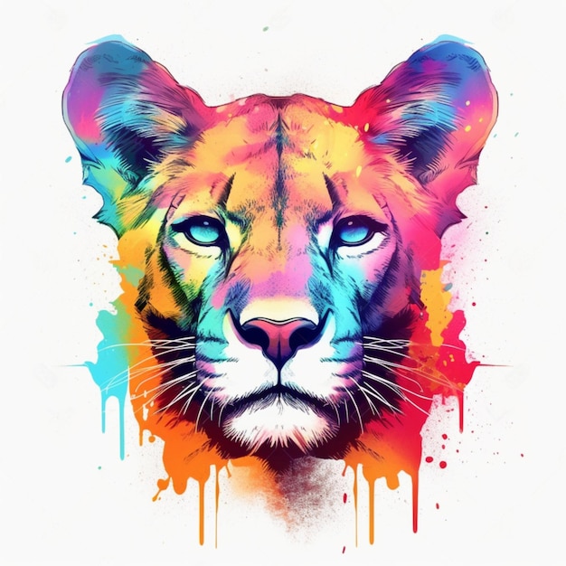 Illustration AI generation colorful rainbow realistic lioness cougar head on a white background