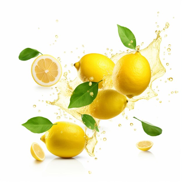 Illustration AI generation Lemons with leaves on a white background