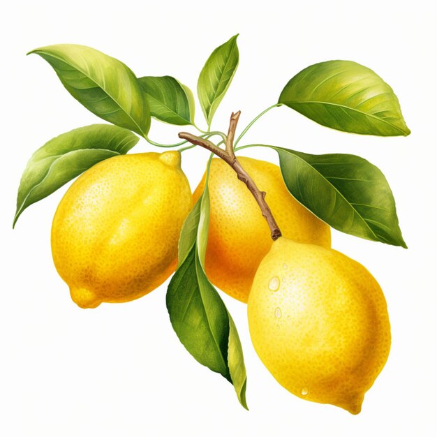 Illustration AI generation Lemons with leaves on a white background