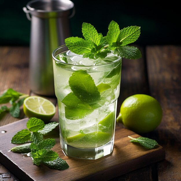 Illustration AI generation Mojito with ice lime and peppermint leaves