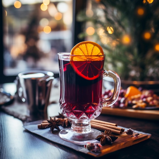 イラスト:クリスマスの背景でテーブルの上で人工知能によるグルドワインの生成