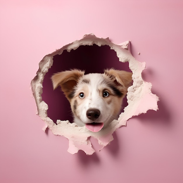 Illustration AI generation A puppy looks out of a hole