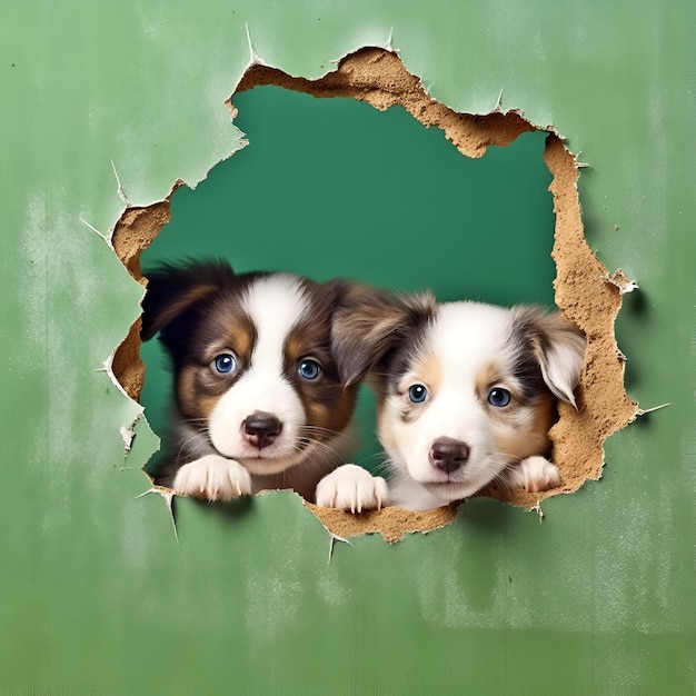 Illustration AI generation Two puppies look out of a hole in a green wall