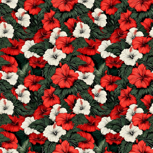 アイジェネレーション: 白と赤のヒビスカスの花の背景のシームレスパターン