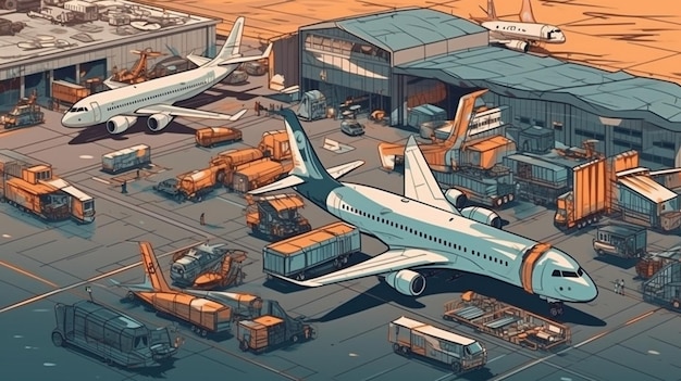 An illustration of an airplane and a plane on the tarmac.