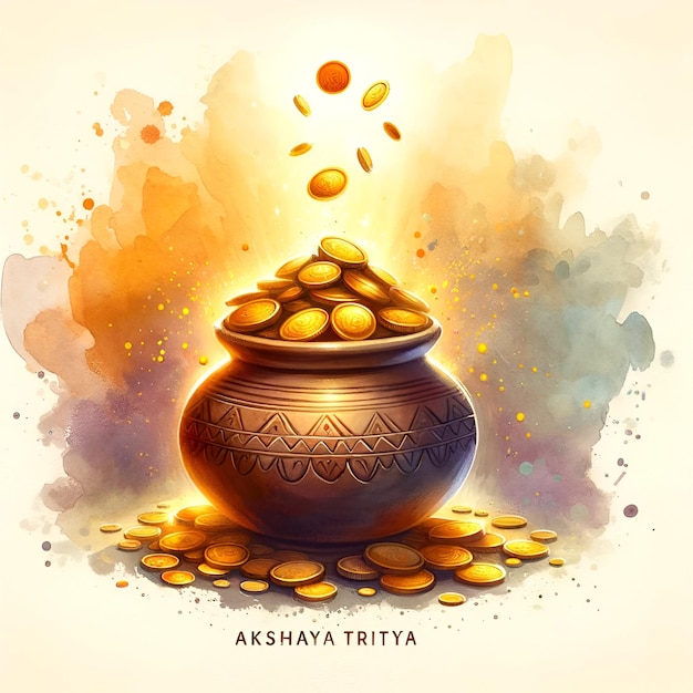 Foto illustrazione di akshaya tritiya con una pentola di monete d'oro