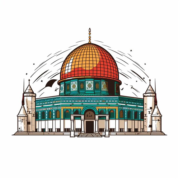 Illustration of the AlAqsa mosque isolated with the Palestinian flag on a white background