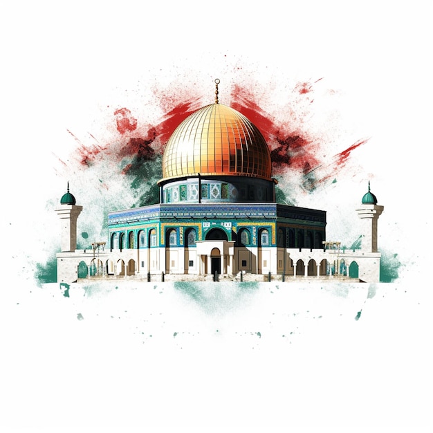 Illustration of the AlAqsa mosque isolated with the Palestinian flag on a white background