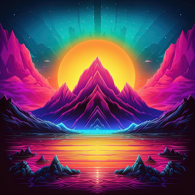 an illustration of an alien landscape and a glowing mountain