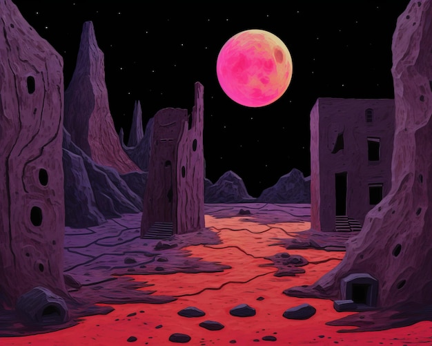 an illustration of an alien landscape with a pink moon