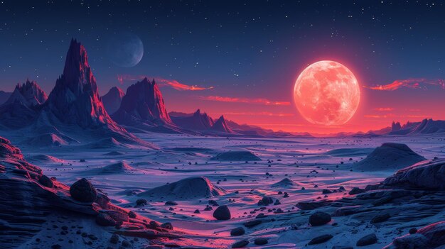 Illustration of an alien planet landscape with realistic and fantastic cartoon style to make a wallpaper background for a story or a card design