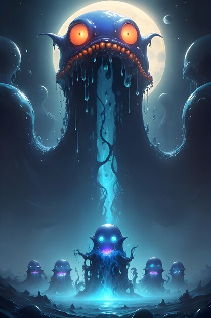 Illustration of an alien slime monster in a dark cave wallpaper illustration background