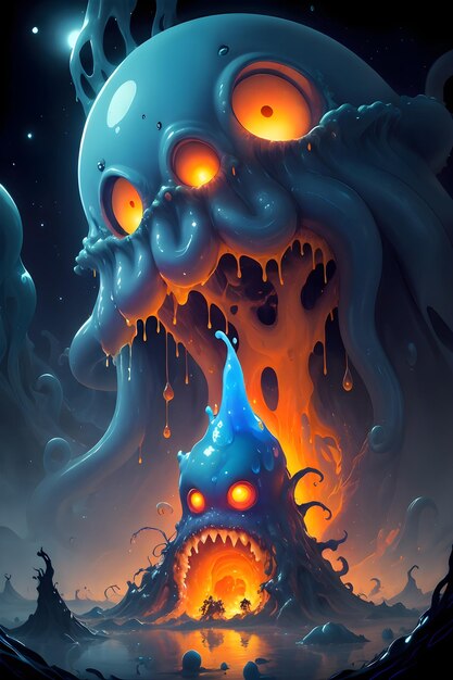 Photo illustration of an alien slime monster in a dark cave wallpaper illustration background