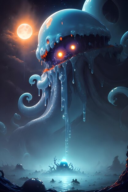 Illustration of an alien slime monster in a dark cave wallpaper illustration background