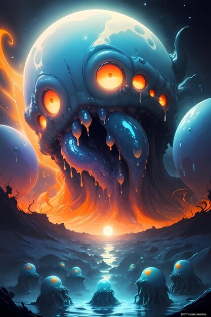 Illustration of an alien slime monster in a dark cave wallpaper illustration background