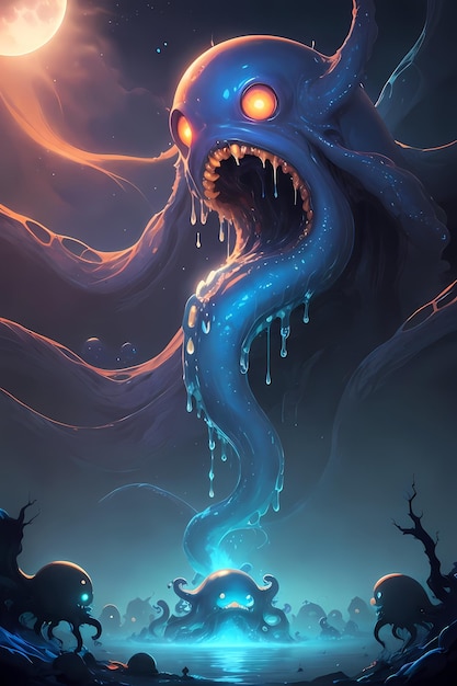 Photo illustration of an alien slime monster in a dark cave wallpaper illustration background