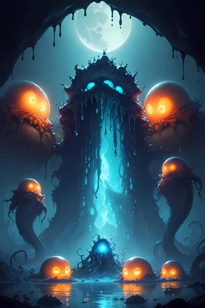 Illustration of an alien slime monster in a dark cave wallpaper illustration background