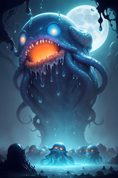 Illustration of an alien slime monster in a dark cave wallpaper illustration background