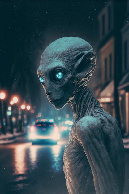 illustration alien in the streets of a city at night generated AI