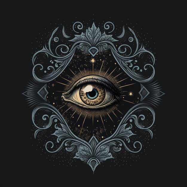 Photo illustration of an all seeing eye with ornate ornament generative ai