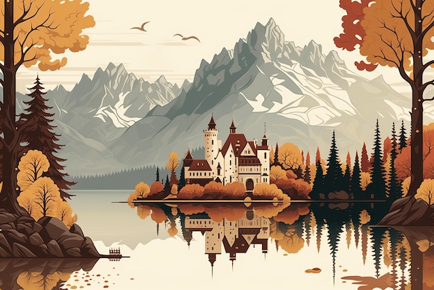 Illustration of alpine mountains in creme background