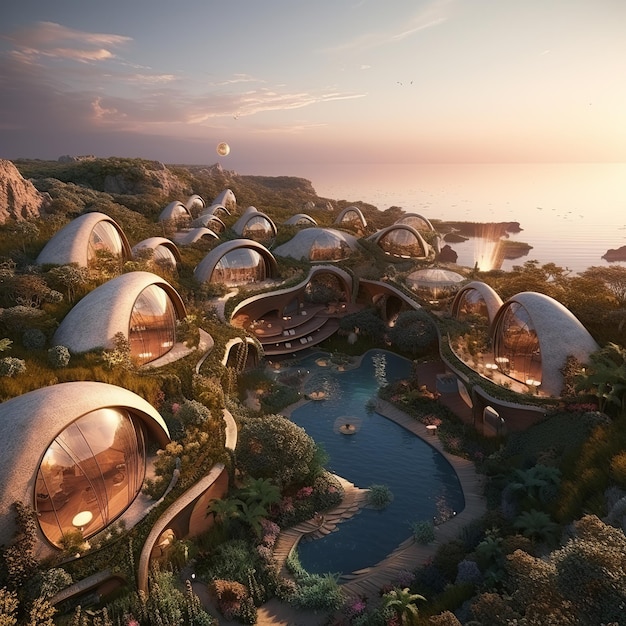 illustration of amazing ecological village with organic shape buildi