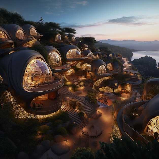 illustration of amazing ecological village with organic shape buildi