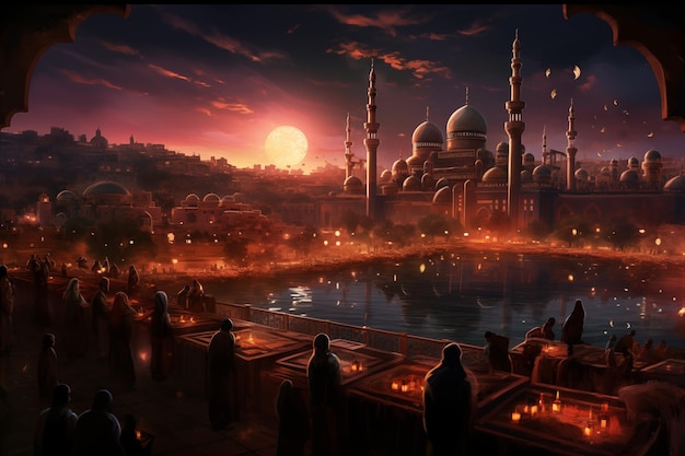 illustration of amazing muslim mosque in town at the fantasy night Ramadan concept