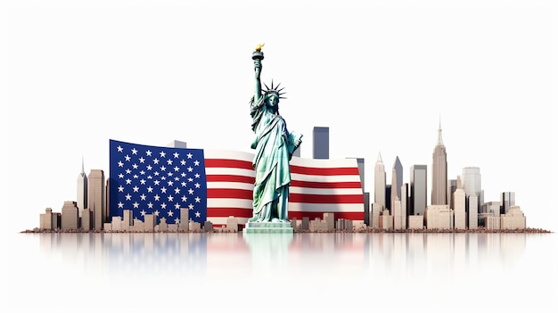 illustration of American flag and usa landmarks 3d isolated on white