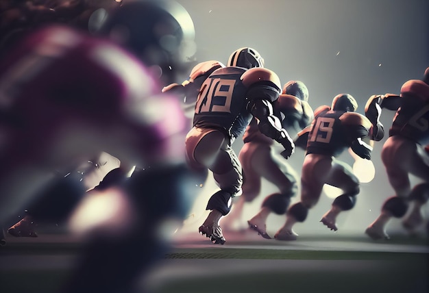 Illustration of American football players in game touchdown at ight stadium lights Ai