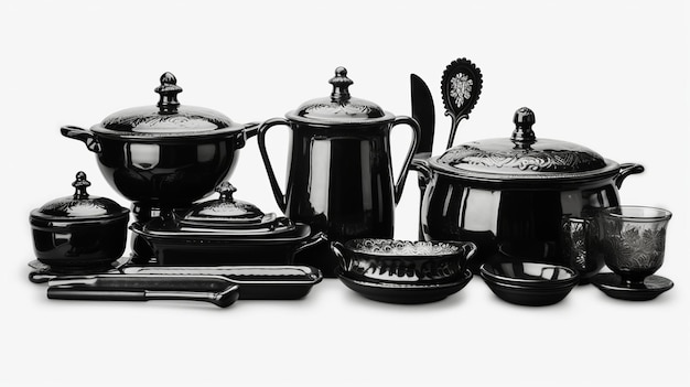 Photo illustration of ancient black cookware and dishware set transparen