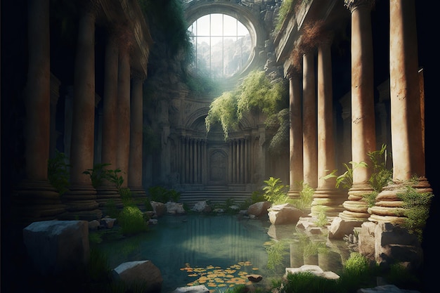 Illustration of ancient cistern ruins created by generative AI