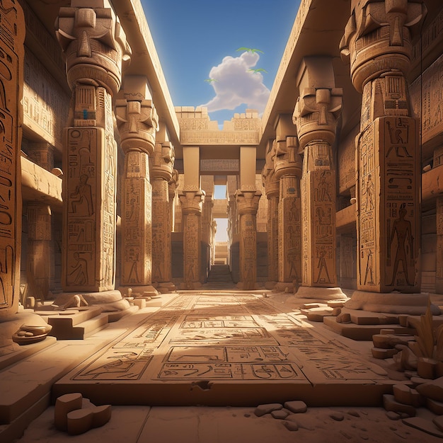 An illustration of ancient Egyptian architecture and hieroglyphics